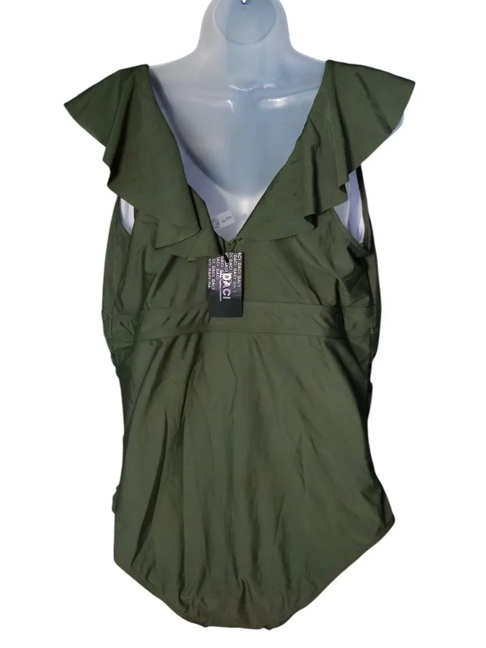 Daci Plus Size Olive Green One-Piece Swimsuit 20W Ruffled V-Neck Ruched Lined - Picture 8 of 9